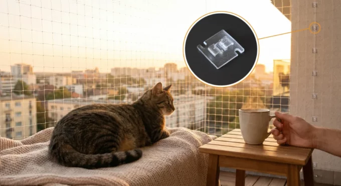 Hotová montáž siete pre mačky na balkóne